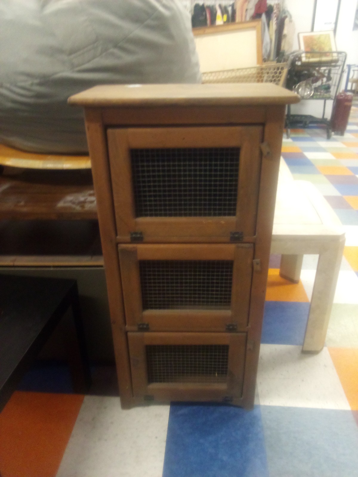 Vintage wooden pie safe 3 equal compartments, peg latches, 39 in by 19.5 in