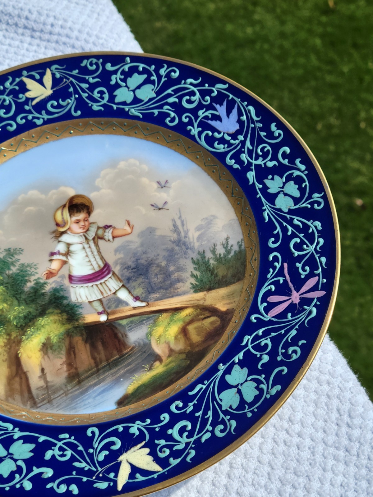 Antique Victorian Cobalt Royal Vienna Hand Painted Girl Butterfly Portrait Plate