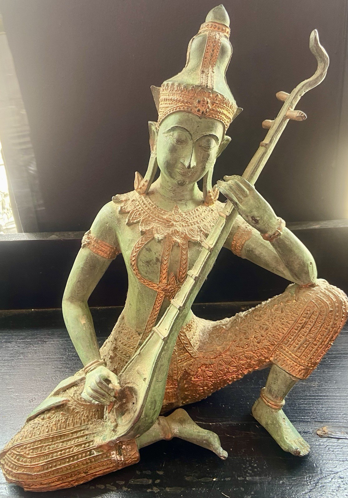 Vintage Thai Musician Bronze Sculpture 12” Tall, Heavy, 1970s? Green Gold