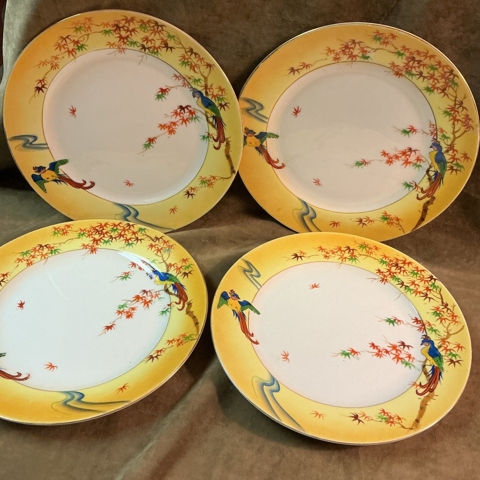 Vintage 1920s pheasant maple tree hand painted porcelain Japan Dinner Plate Lot