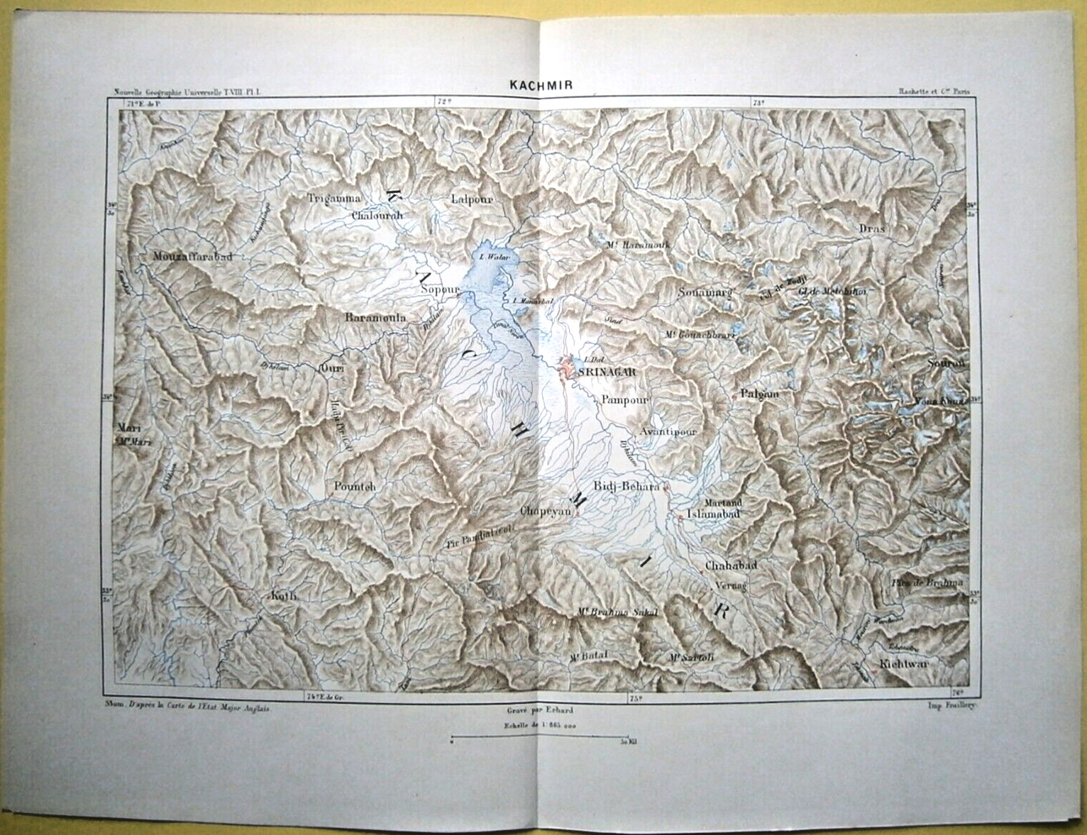 1883 Reclus map SRINAGAR, KASHMIR VALLEY, INDIA, #1
