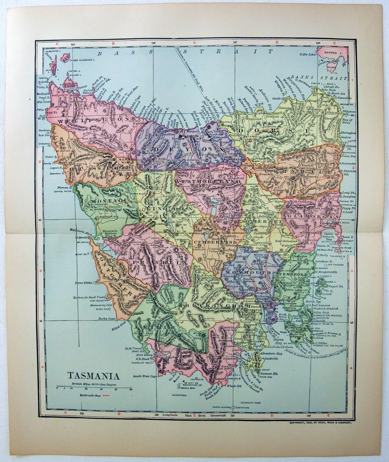 Tasmania – Original 1903 Dated Map by Dodd Mead & Company. Australia. Antique
