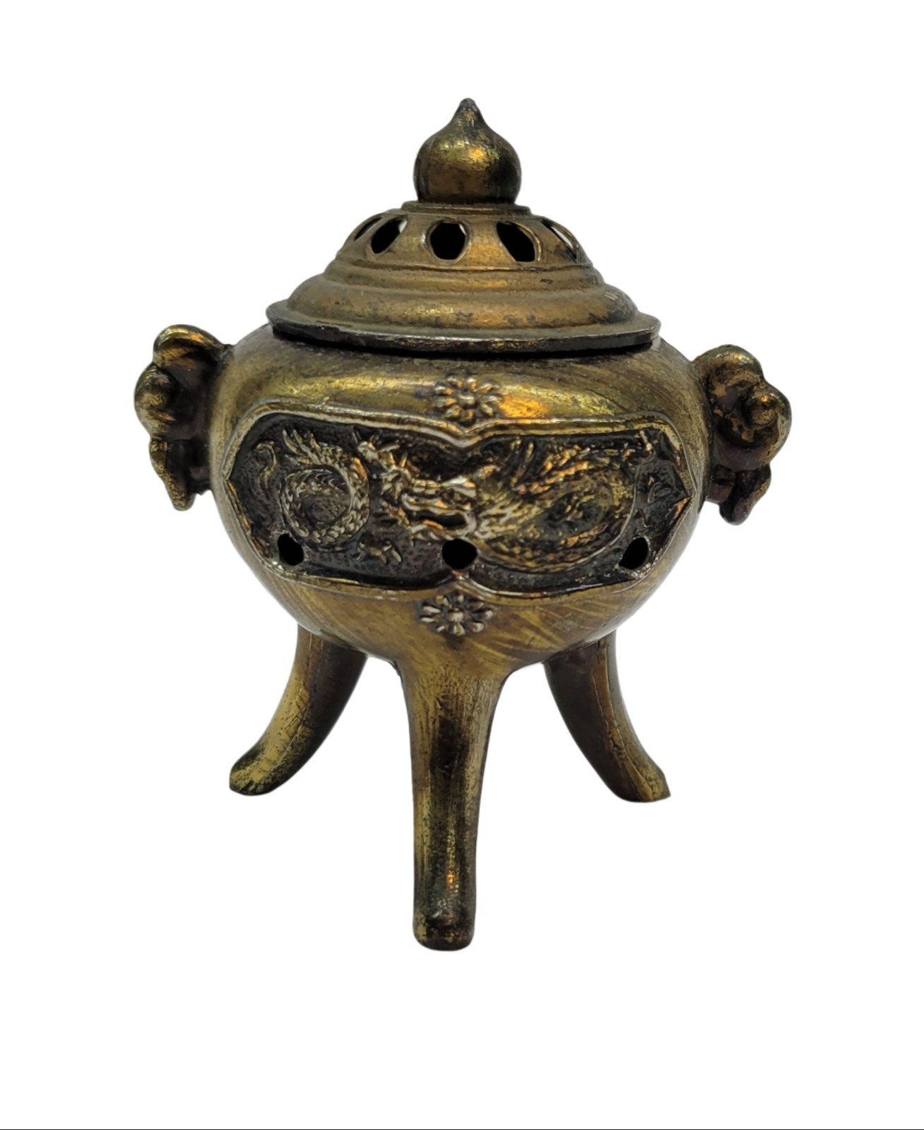 Vintage Aged Finish Bronze Japanese Tripod Incense Burner With Lid