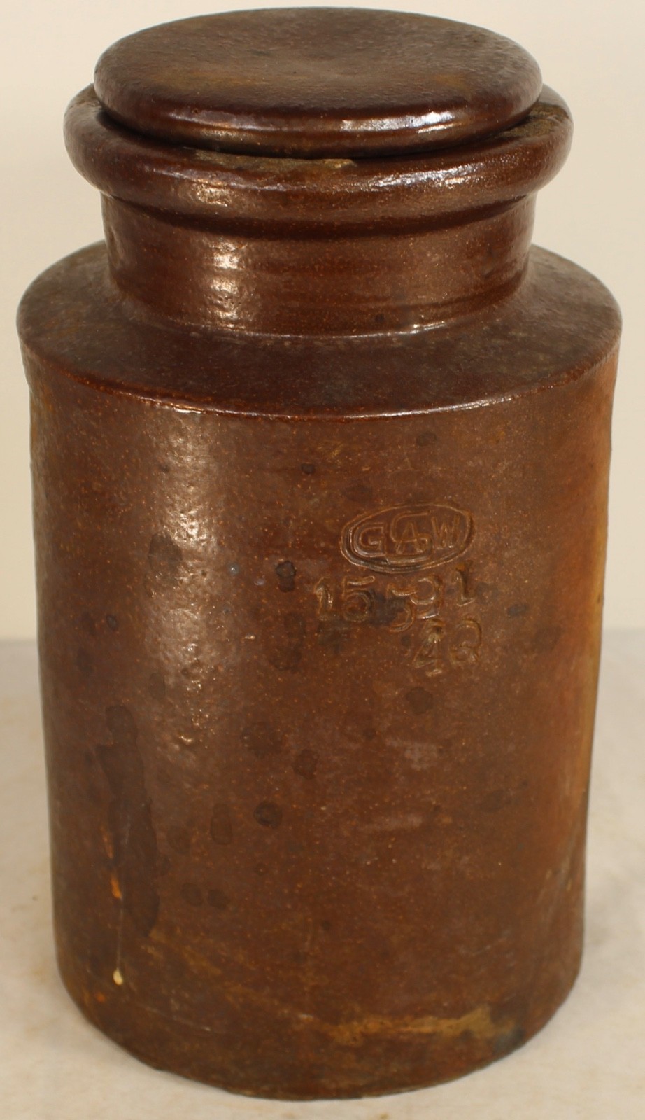 Antique Stoneware Pottery Canister Marked GASW GSAW 15591 Farmhouse Primitive