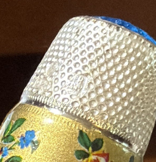 Vintage Sterling Silver Enameled Floral Thimble Sky Blue Glass Top Crown Size 7