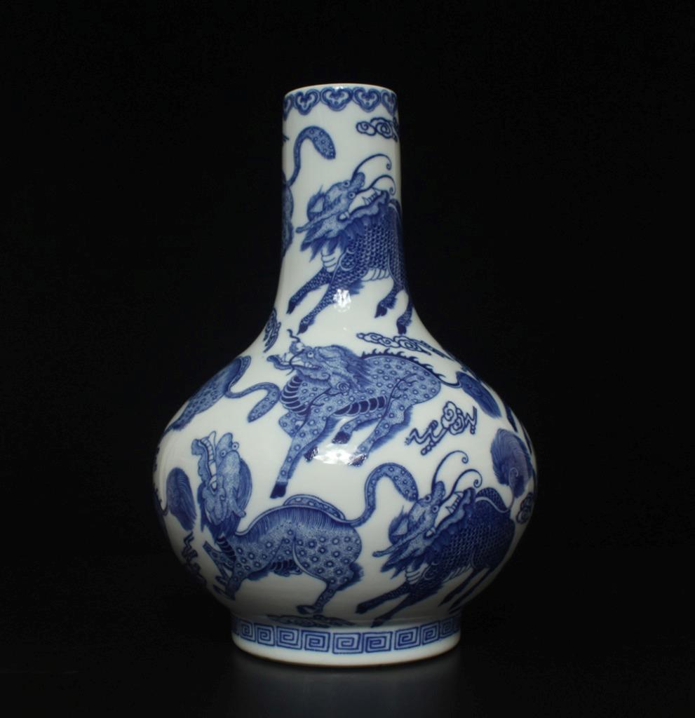 36CM Kangxi Old Signed Antique Chinese Blue & White Porcelain Pot Vase w/ kylin