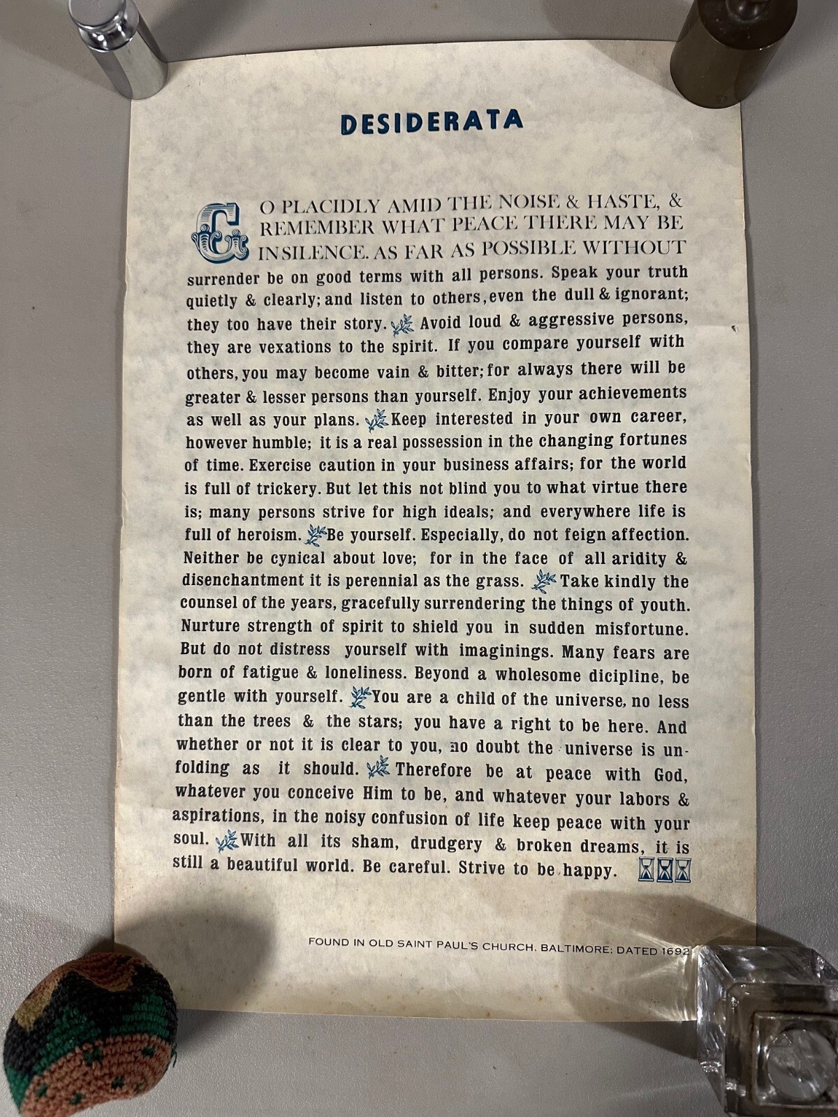 Antique Poster of 1950’s Era Desiderata Poem by Max Ehrmann, 1927