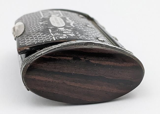 VICTORIAN SILVER PIQUE & LACQUER SNUFF BOX ‘ROBERT BRUCE 1859’