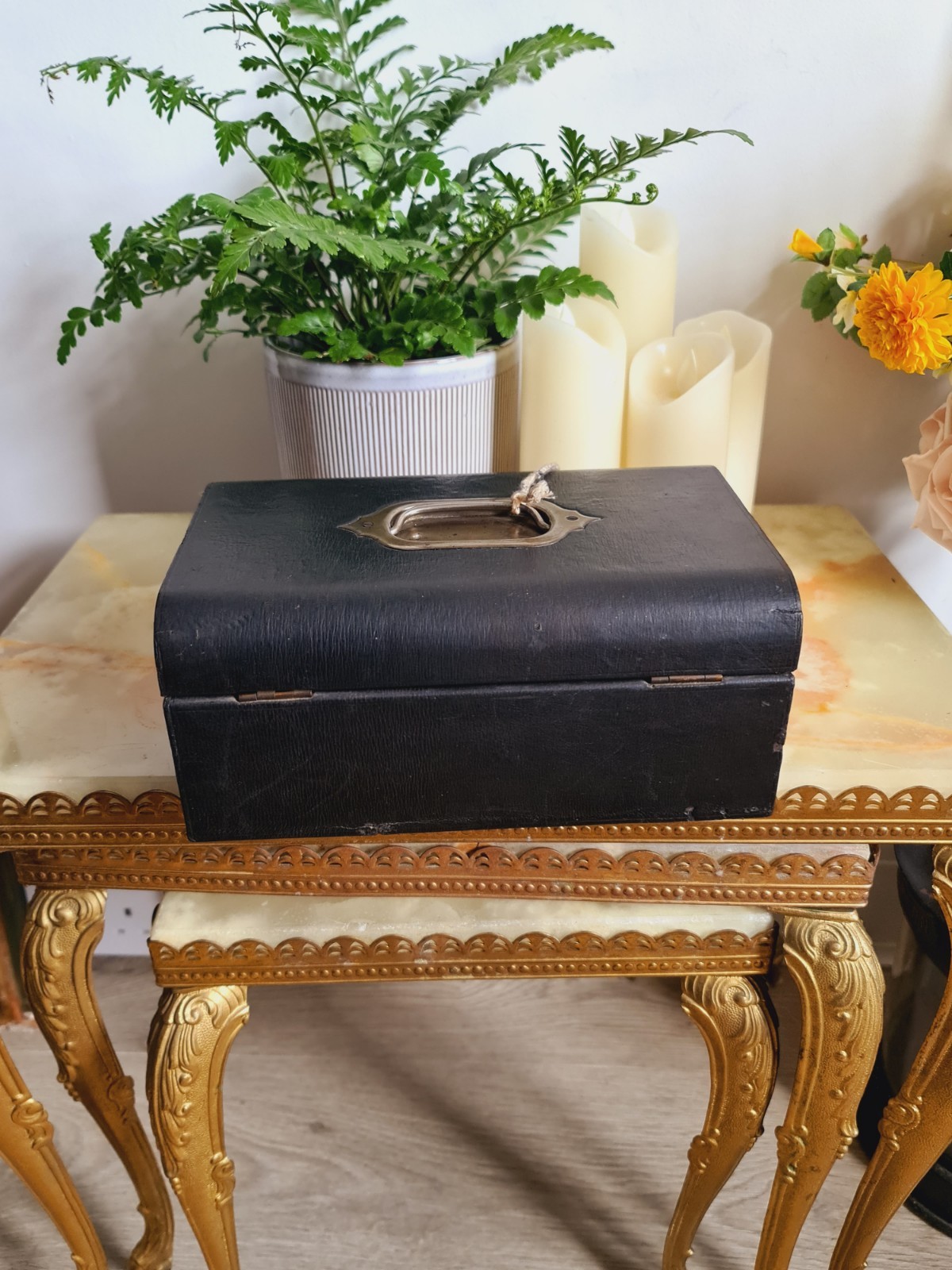 Antique Leather Trim Box Jewellery Trinket Case Victorian Black with Key