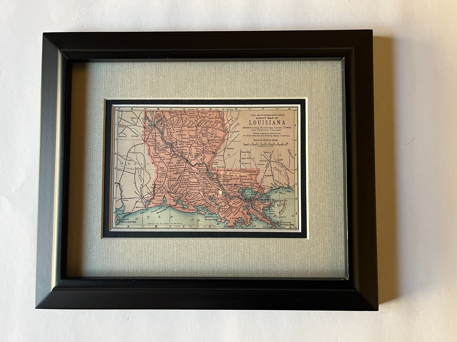 1898 Louisiana State Map fm 1903 Crown Encyclopedia Framed w/Dbl Mat SEE DESCRIP