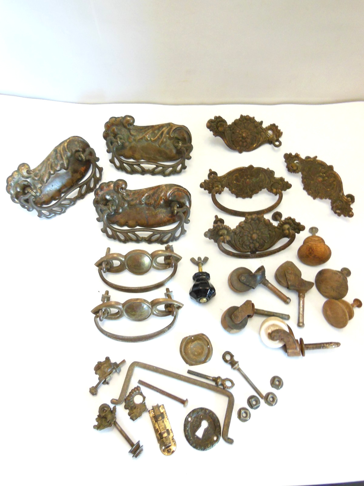 VTG LOT STAMPED BRASS & STEEL ASSORTED DRAWER PULLS HANDLES….PARTS AND PIECES