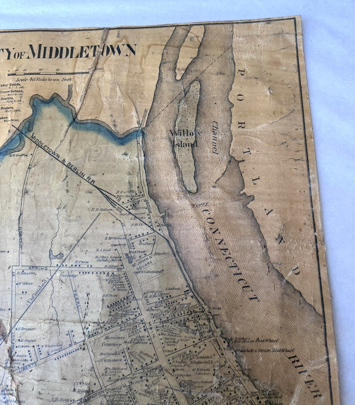 Antique City of Middletown Connecticut Wall Map Business Directory Cloth 17×15″