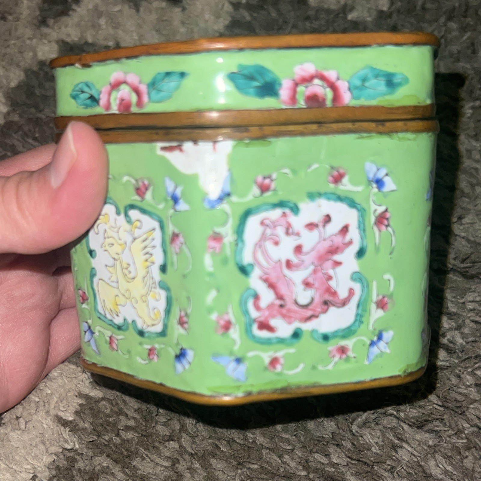 Chinese Green Porcelain Hexagonal Tea Caddy Floral Motif Pink Blue White Yellow