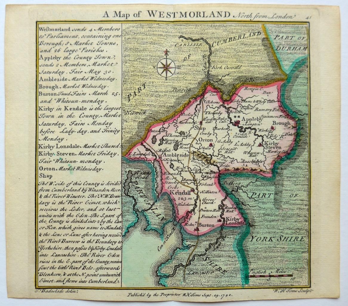 WESTMORLAND CUMBRIA BY BADESLADE & TOMS c1742 GENUINE ANTIQUE WITH HAND COLOUR