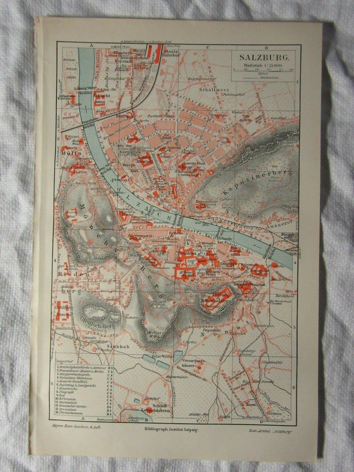 c1900 Antique CITY PLAN Engraving of SALZBURG Austria – 6½” x 9½” – Meyers