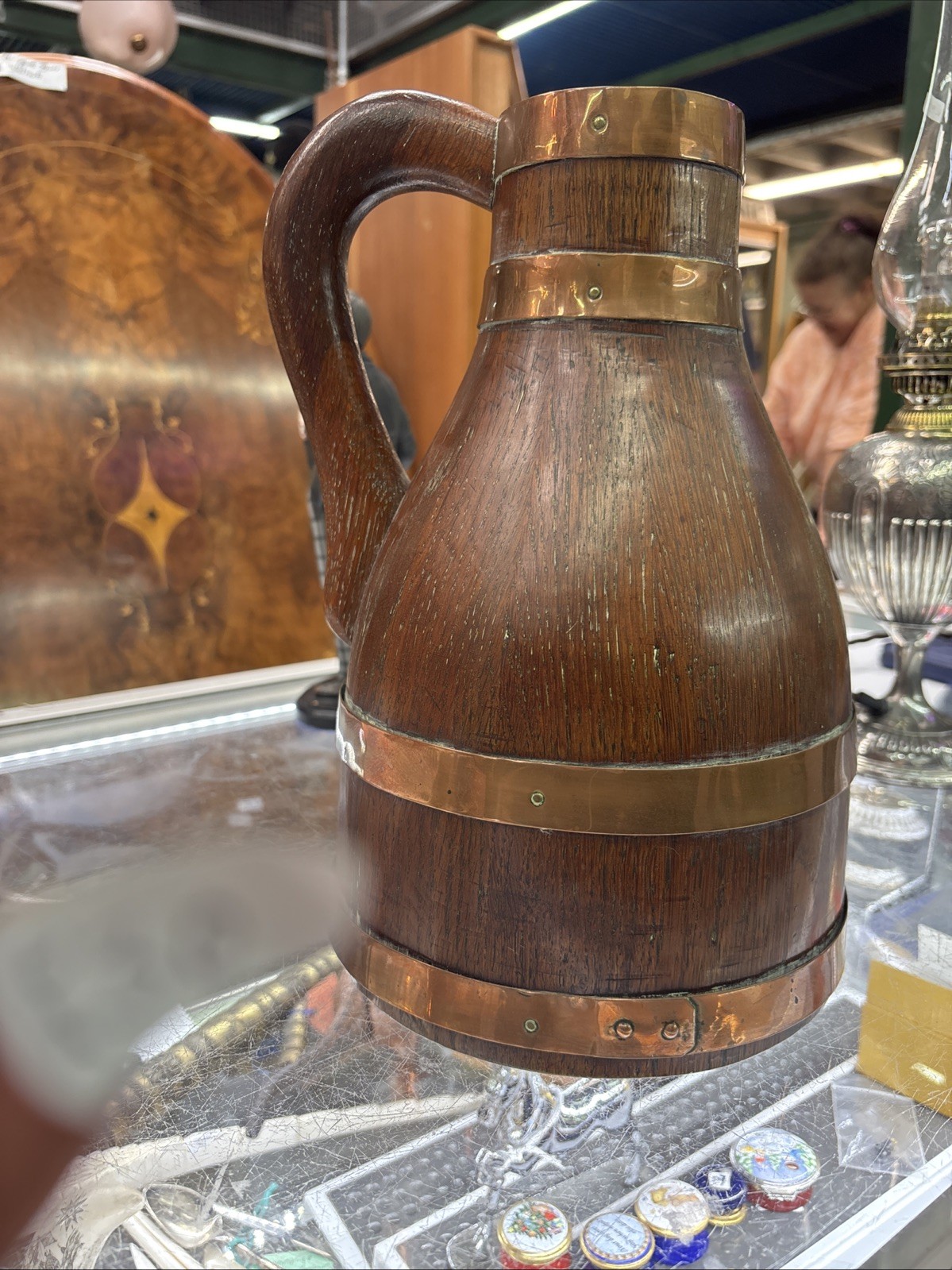 French Arts and Crafts coopered cider jug Oak And Copper Rings Large 30cm Tall