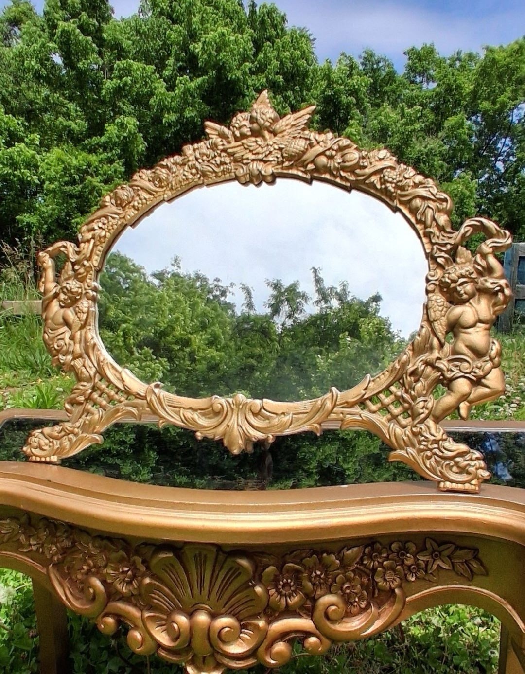 Victorian Antique Gold Gilt Ornate Cast Iron Stand Up Dresser Mirror W/ Cherubs