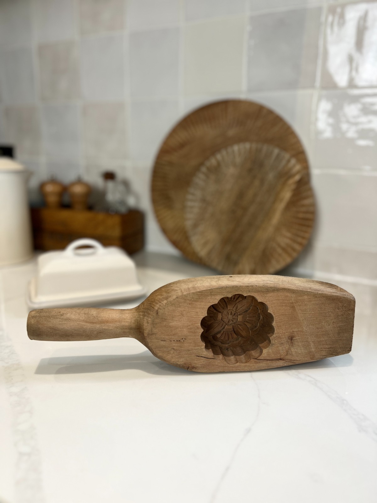 Vintage Wooden Butter Mould Carved Floral Paddle Rustic Kitchen Decor 33cm