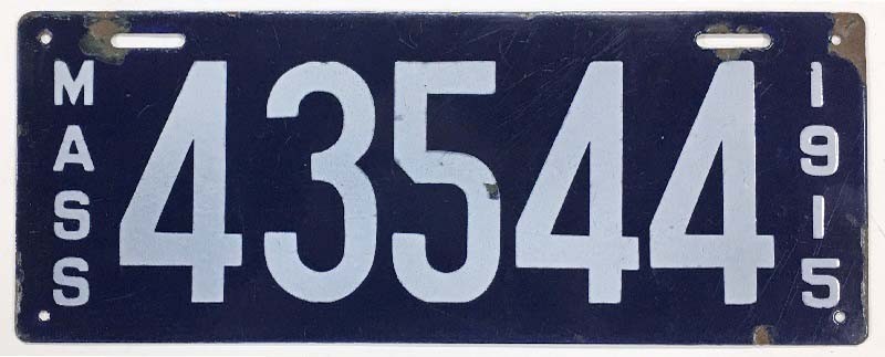 Massachusetts 1915 Porcelain License Plate 43544 Antique Garage Man Cave Sign