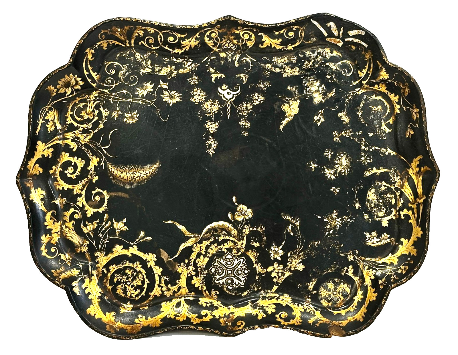 Antique English Black Lacquer Chinoiserie Papier Mache Tray Floral Gilt 43cm