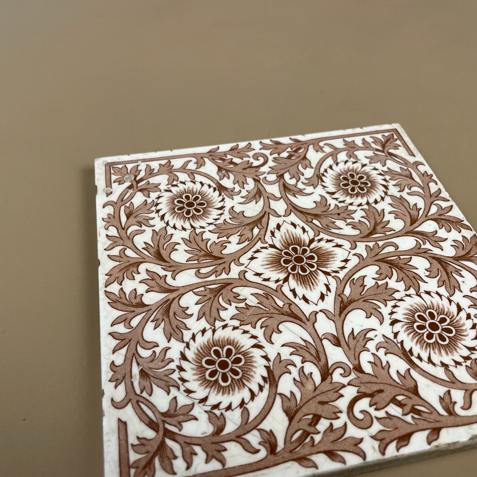 Antique Original Mintons Victorian Tile Ceramic Square Pattern Placemat Coaster