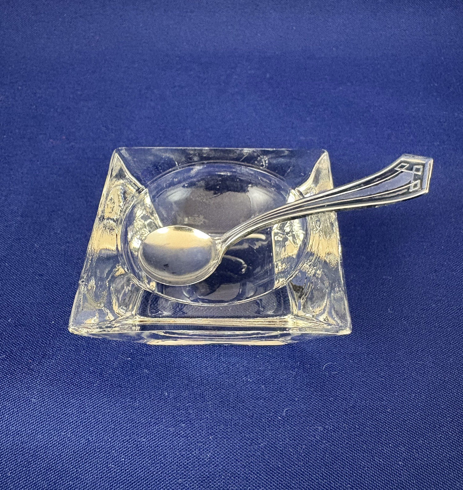 SSMC Sterling Silver Salt Spoon Venetia & Square Glass Salt Cellar No Monogram