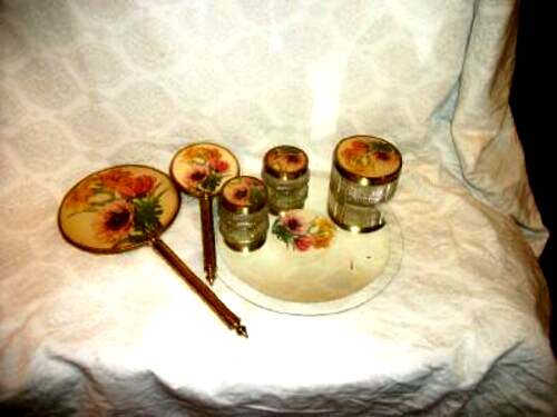 Art Deco Poppies Vanity Set Frameless Tray Jars Mirror Brush 1920s Antique 6 Pc