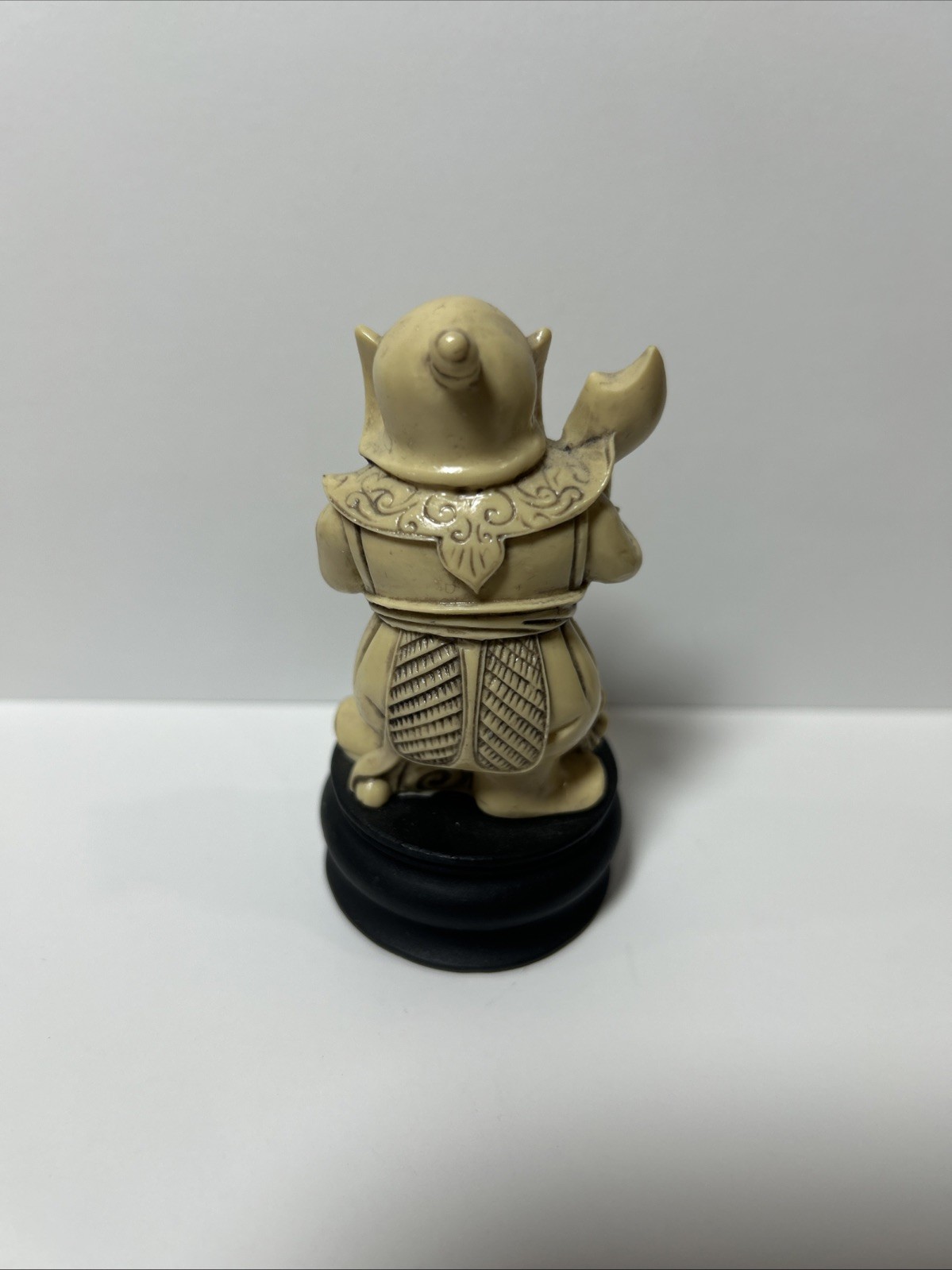 Japanese Highly Detailed Hand Carved Netsuke Warrior on Wood Base