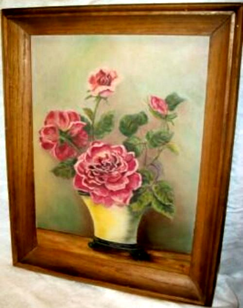 Cottagecore Antique Roses Oil Painting Naive Art 1920s 1930s Depression Era Wood