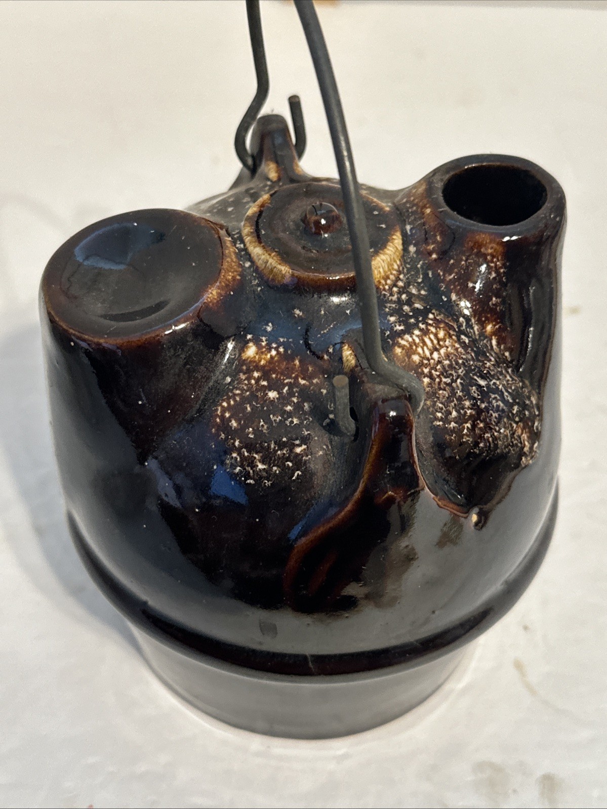 Antique Brown Glaze Stoneware Syrup Jug Early 1900’s Bennington Pottery Style