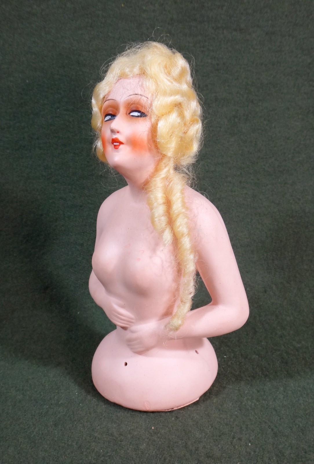 antique SIDE GLANCING papier-mache putz BOUDOIR HALF DOLL pincushion GERMANY