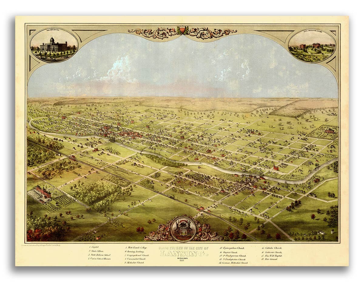 1866 Lansing Michigan Vintage Old Panoramic City Map – 18×24
