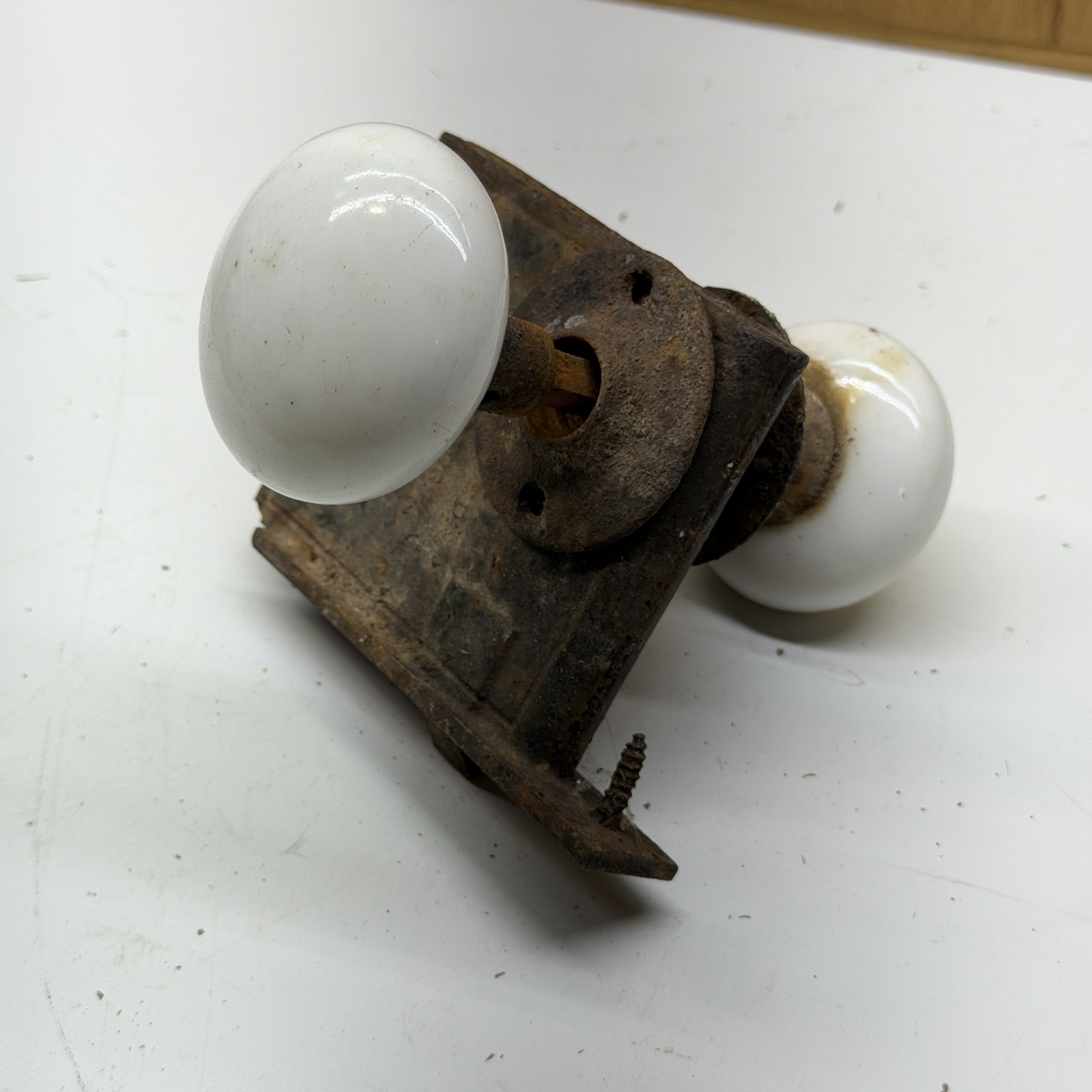 Antique White Porcelain Door Knobs & Rusty Cast Iron Surface Mount Rim Lock Set