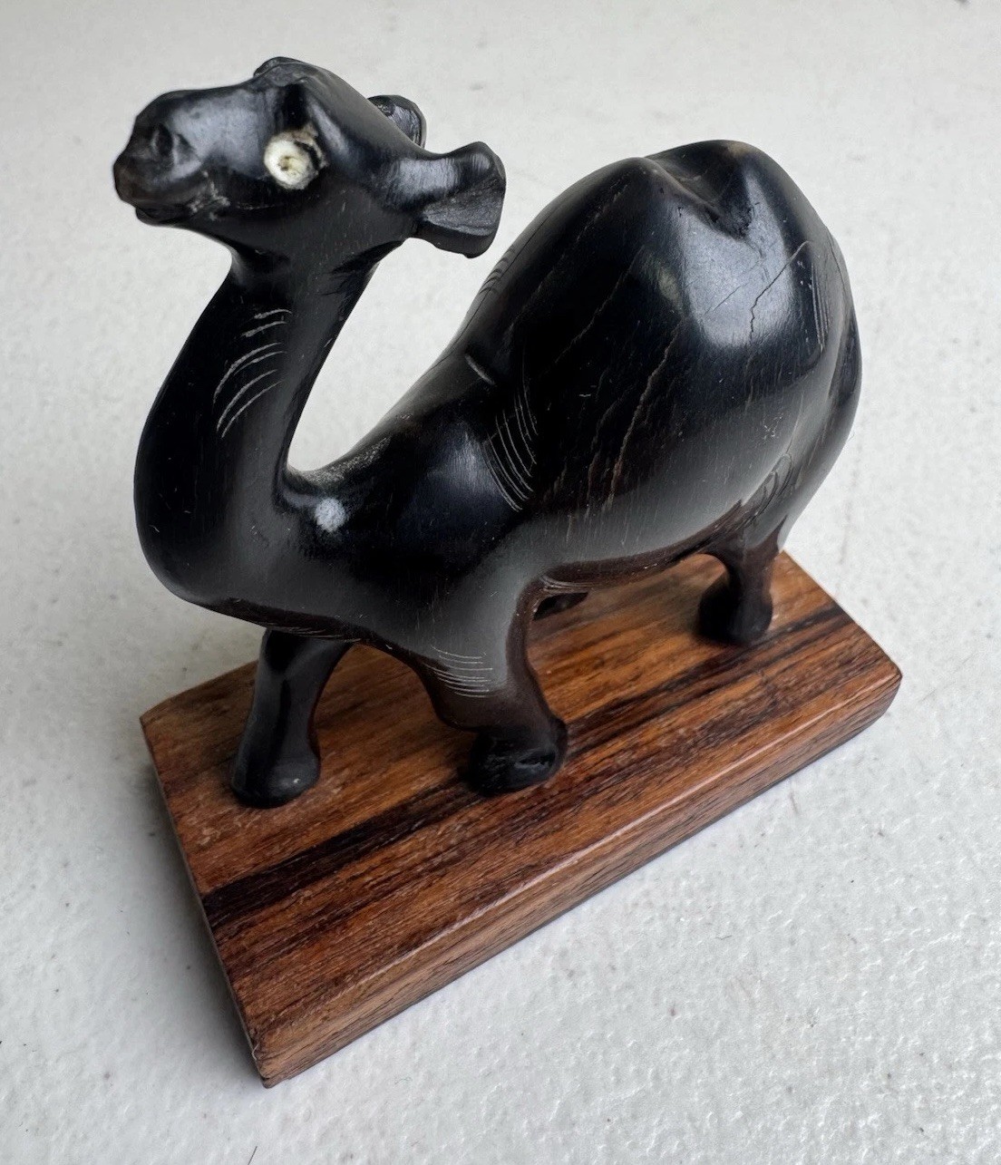 Vintage Carved Camel Figurine Sculpture Artisan Handmade On Wooden Base