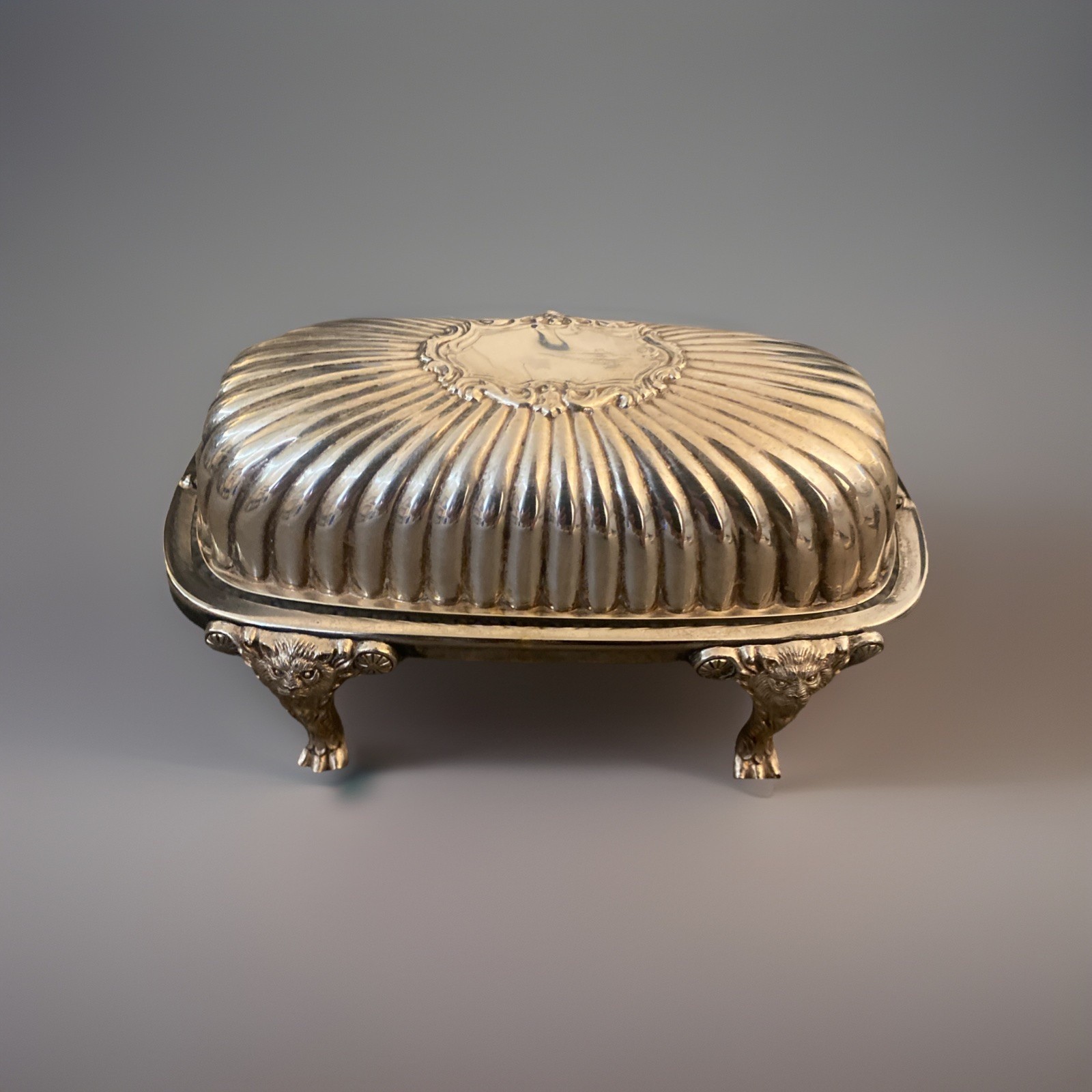 Antique Lion Face Channeled Neoclassical Style Silverplate Butter Dish Free Ship