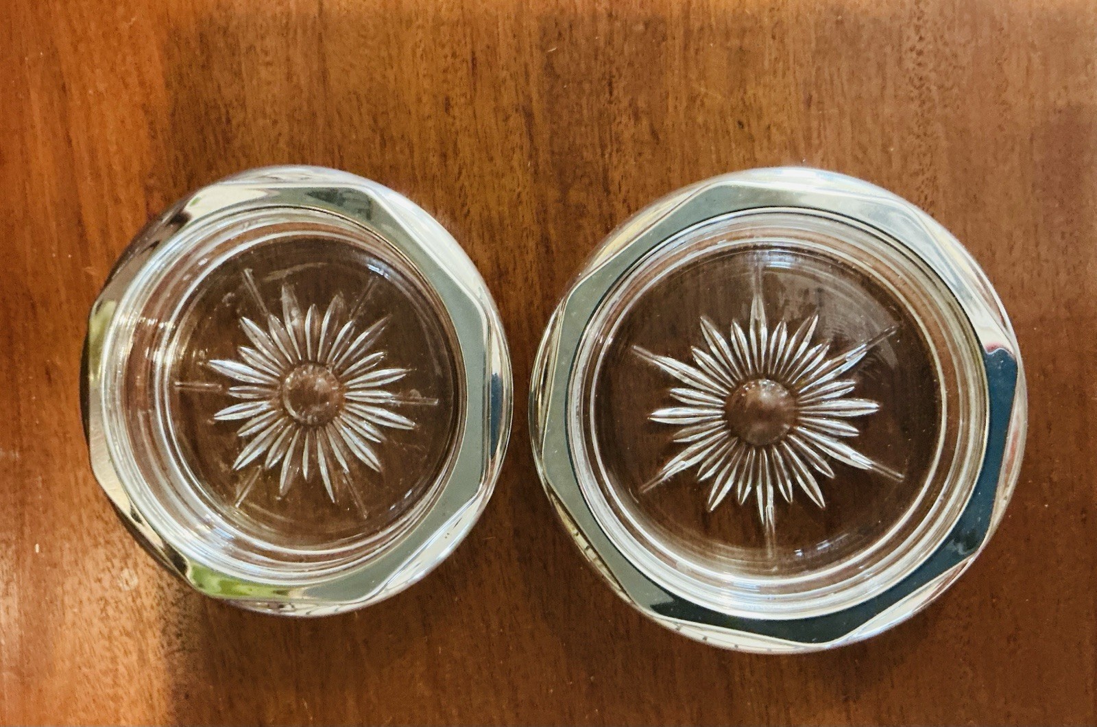 Vintage Octagonal Starburst Silver plate And Glass Coasters Set Of 2