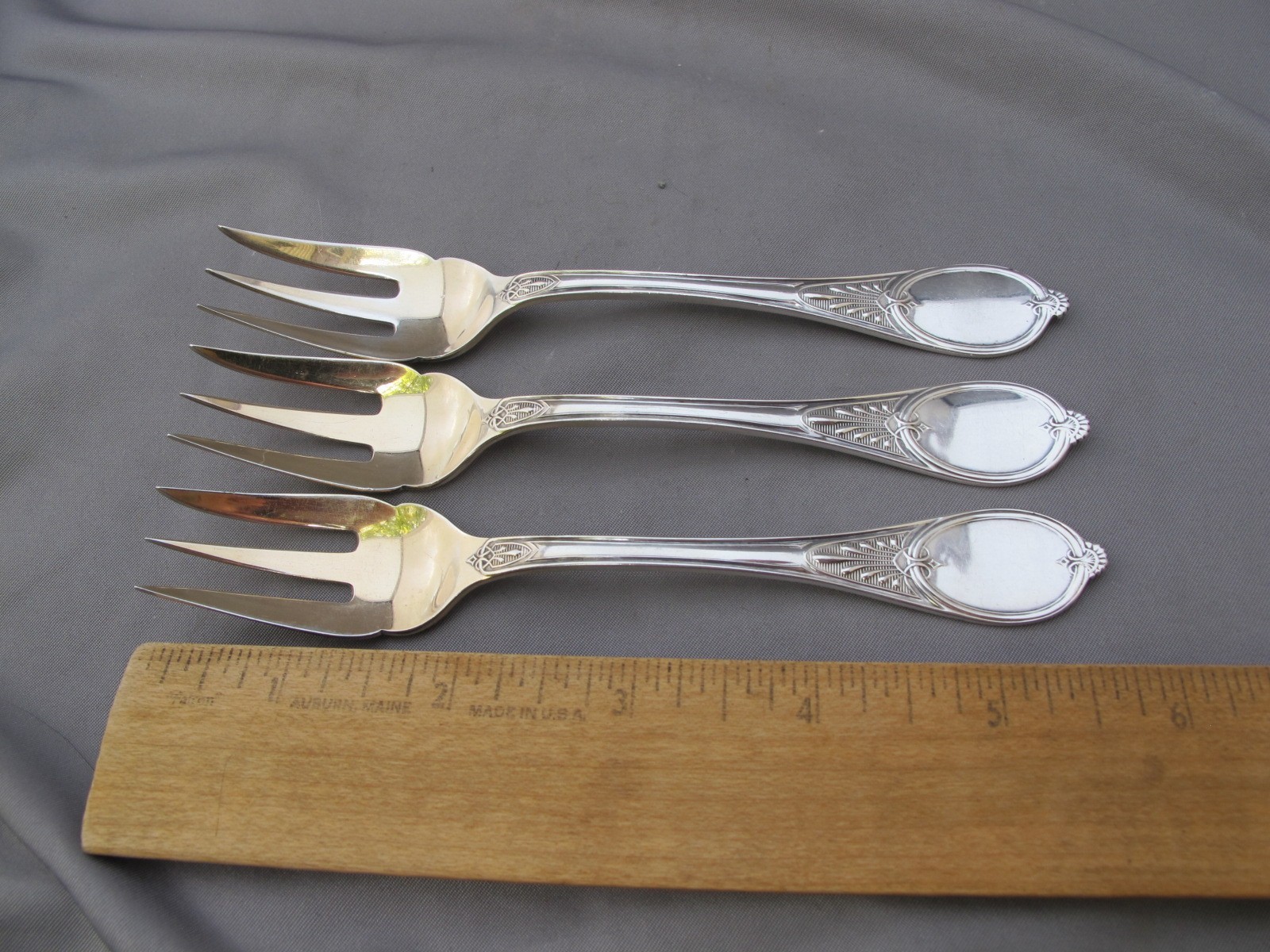 SET OF 3 Rare John Polhamus HONEYSUCKLE (1867) Small 3-Tine FORKS-Gilt Ends