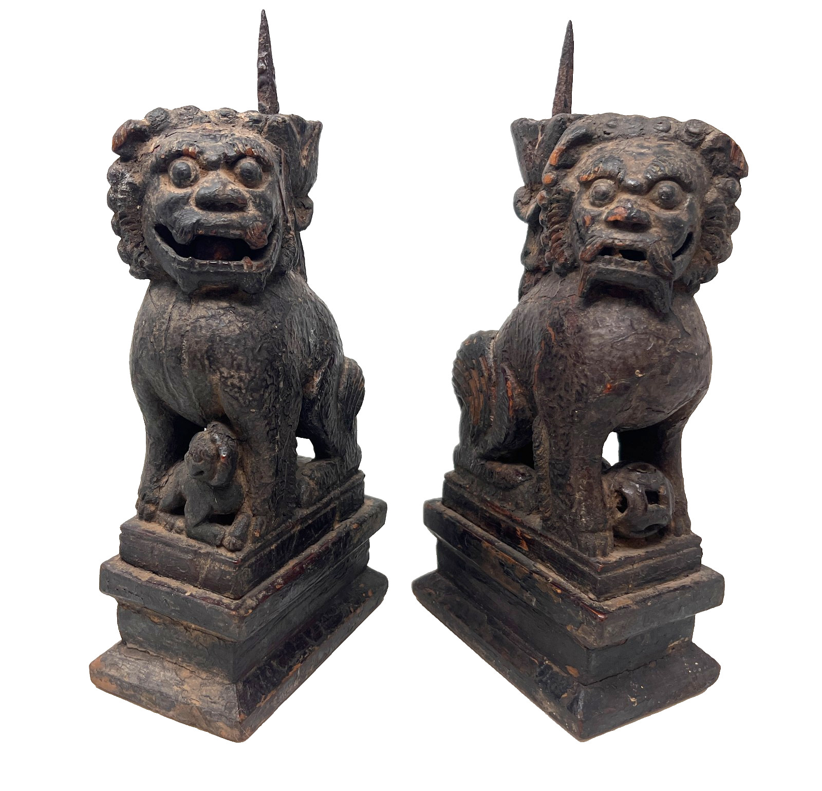 Antique Chinese Foo Dog Wood Candlesticks Pair Guardian Lion Carvings 11.25″