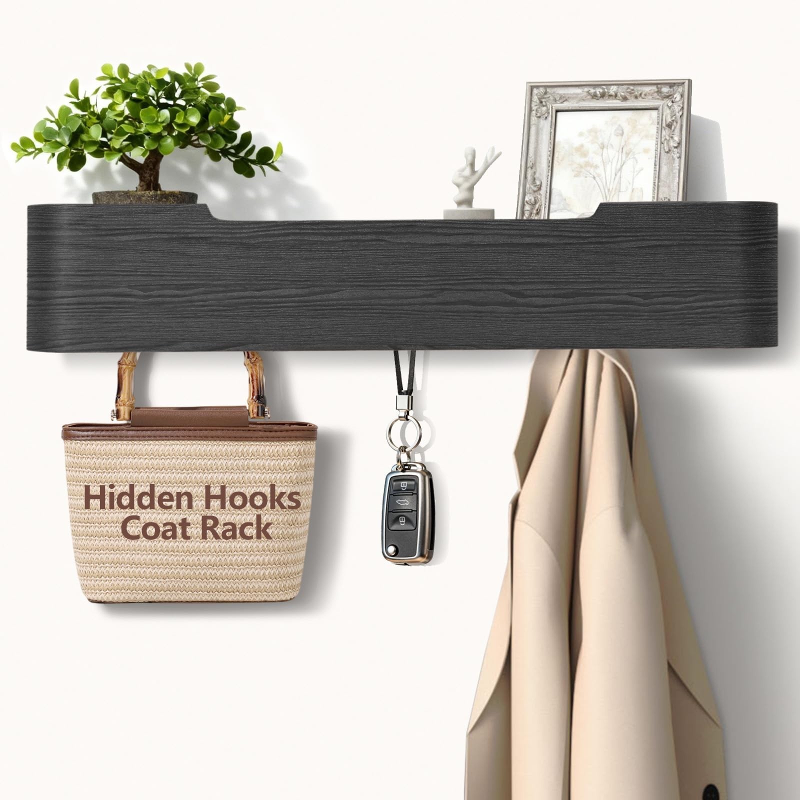 Coat Rack Wall Mount with Shelf 5 Hidden Hooks Modern Wooden Key Holder Entry…