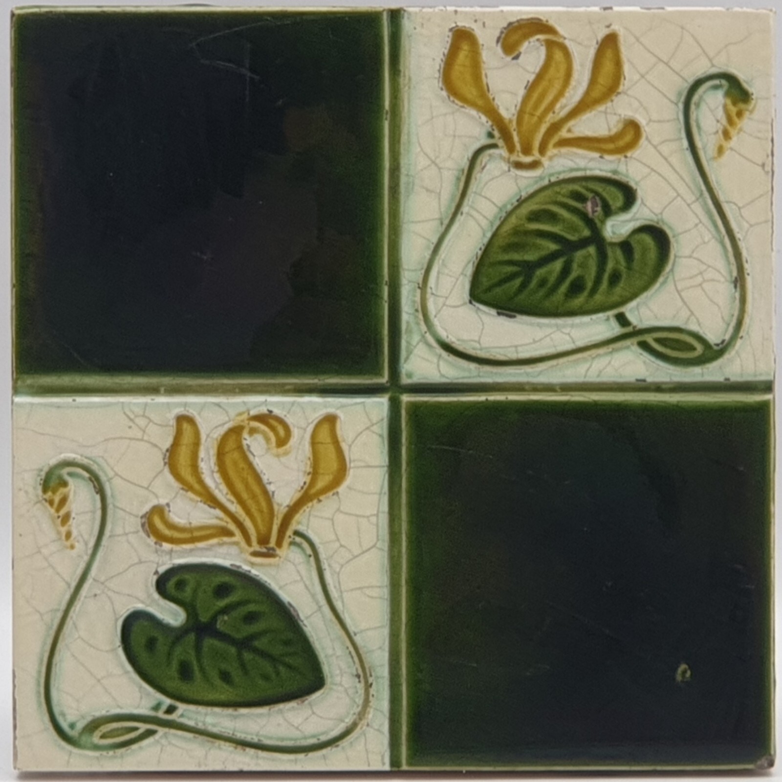 Art Nouveau Fireplace Tile Floral Majolica Checker Henry Richards C1903 AE7