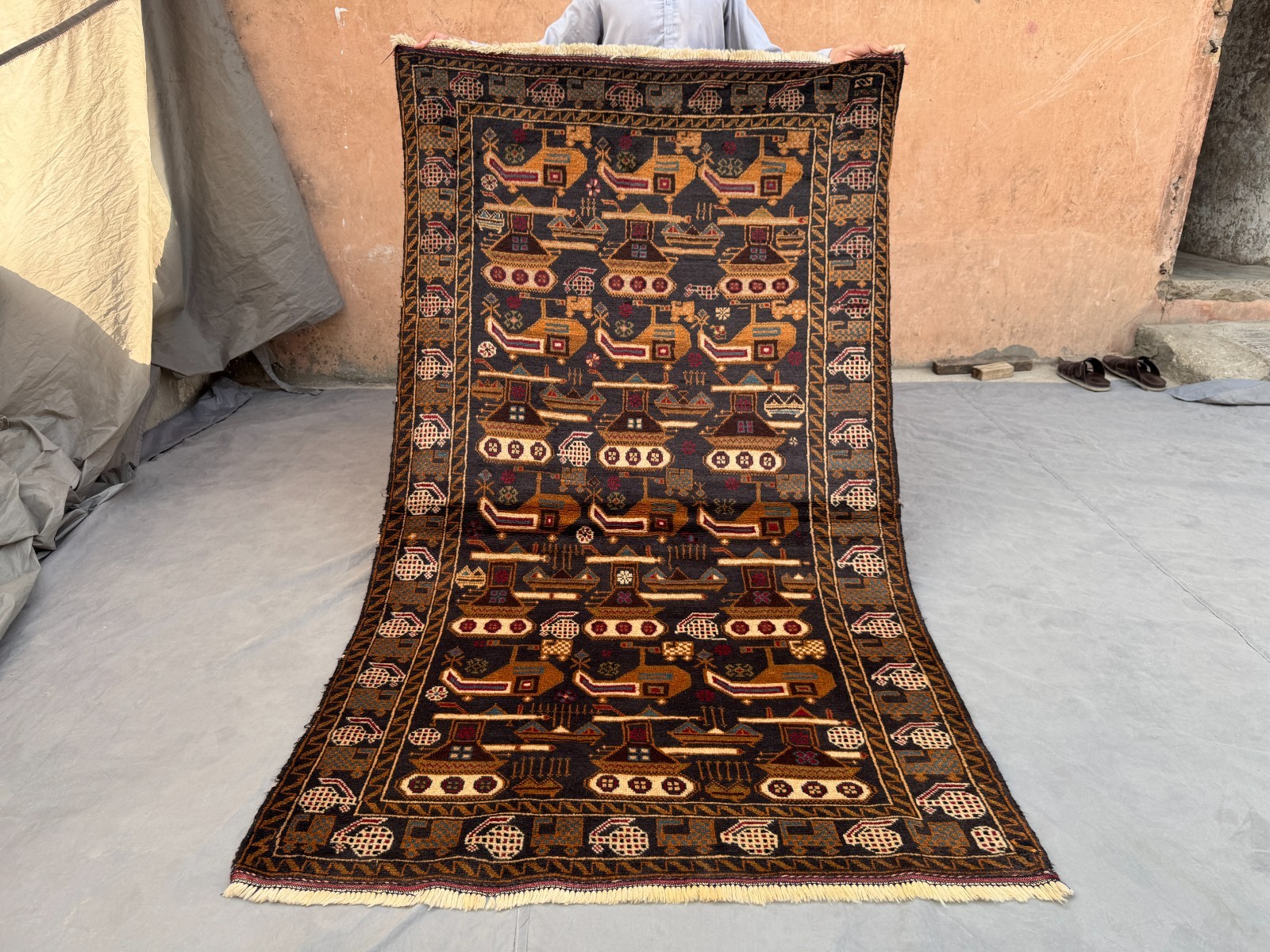 Afghan Vintage War Rug, Hand-Knotted Wool, Tribal Unique Historical Office Rug