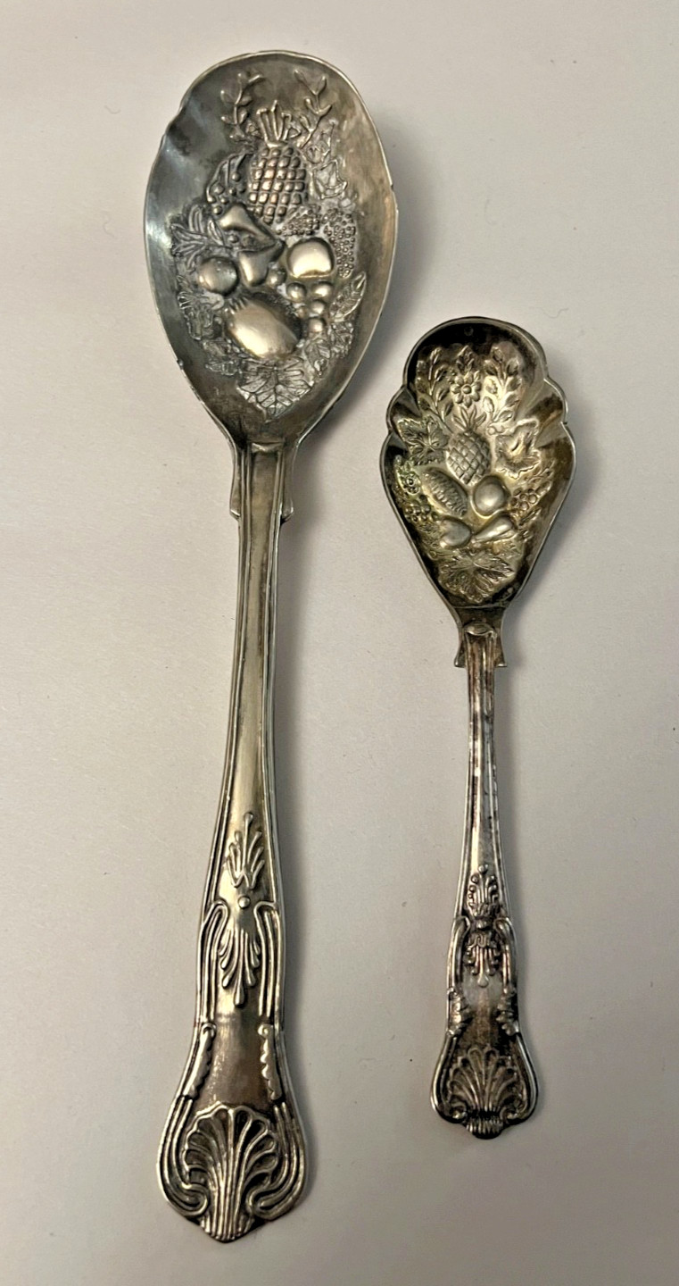 Vintage Pair Sheffield Silverplated EPNS Embossed Serving Spoons Fruit Pattern