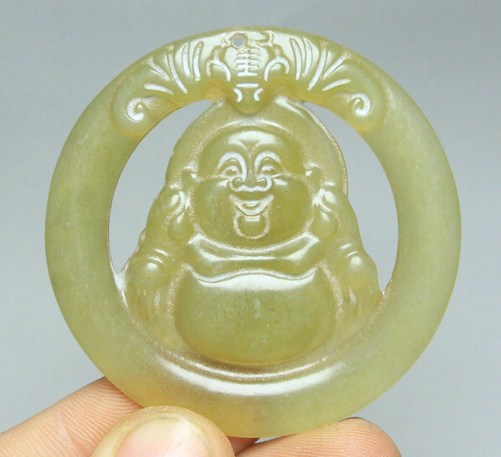 1.9” Old Green Jade Happy Laugh Maitreya Buddha Bat Animal Amulet Pendant