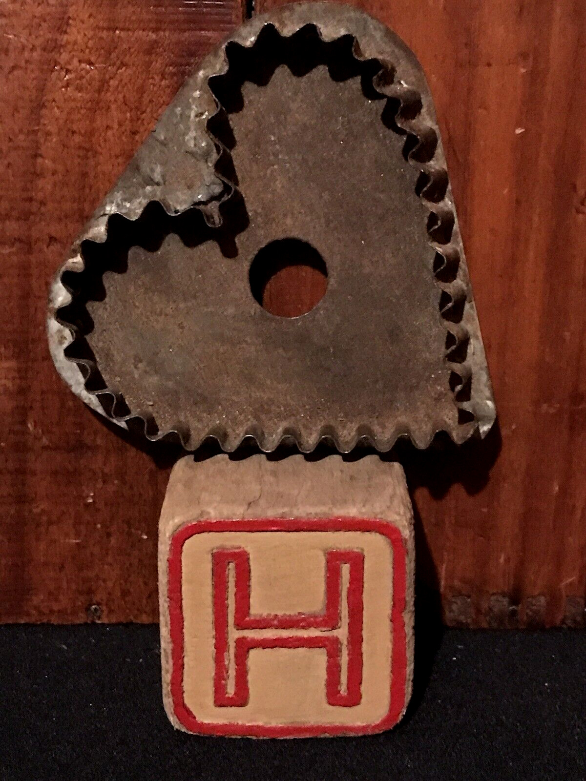 Antique Primitive Folk Art Scalloped Tin Heart Cookie Cutter & Toy Block AAFA