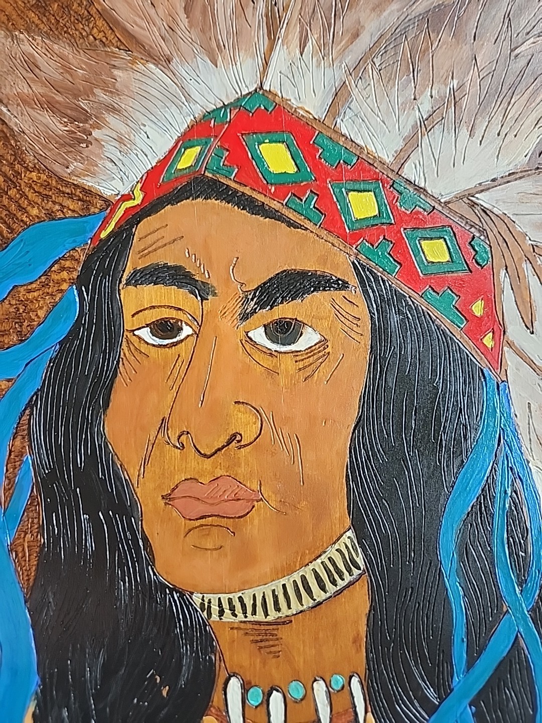 NATIVE AMERICAN INDIAN PLAQUE Pyrography 19.75″ Antique Round Wall Art