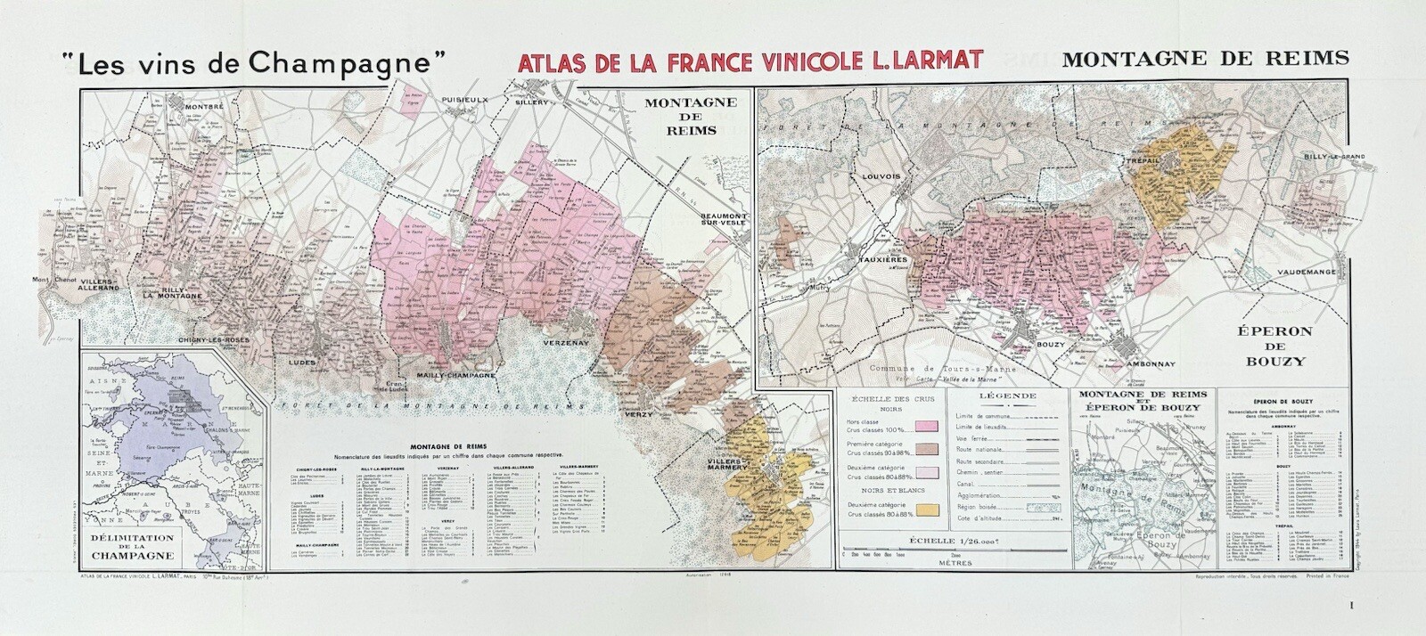 Champagne Region France Wine Atlas Map (Montagne De Reims) Louis Larmat 1944