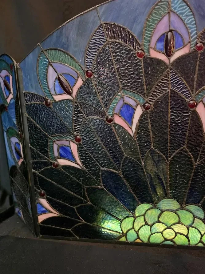 Antique Unique Handmade Peacock Stained Glass 20″ Tall Fireplace Front
