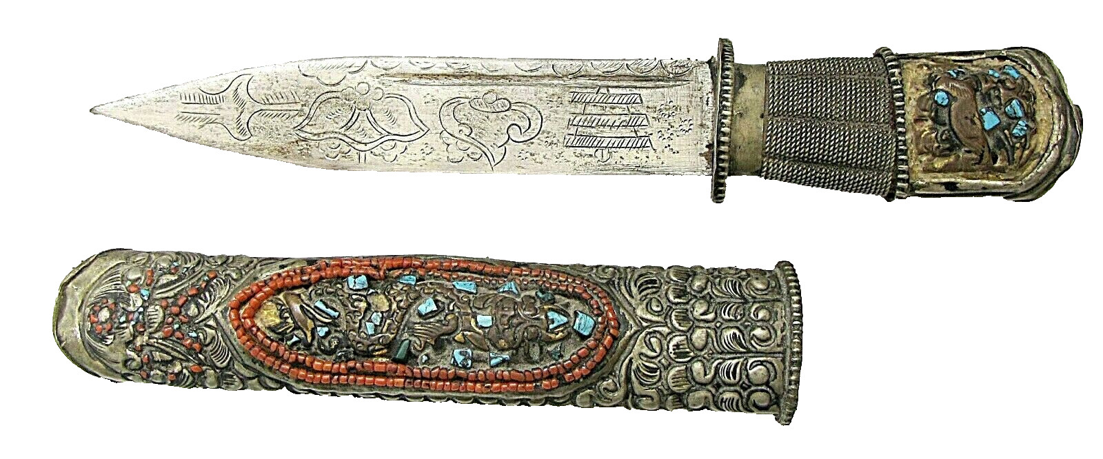 Tibet Antique low grade silver dagger with dragon, marked engraved steel blade.
