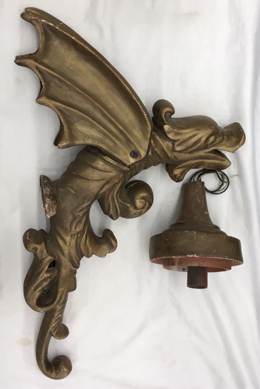 Antique Architectural Salvage Winged Griffin Dragons Cast Aluminum Light damage