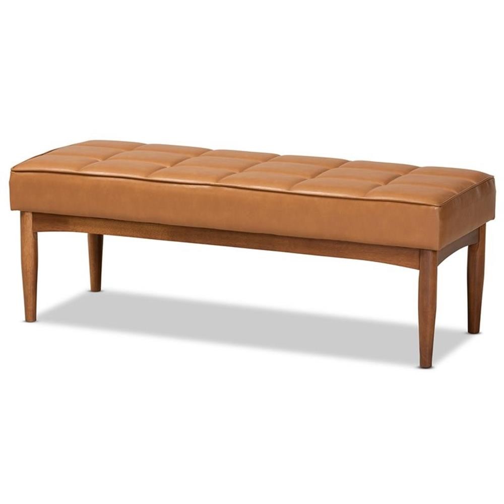 Bowery Hill Faux Leather Tan Dining Bench Rectangular Biscuit Tufted 47″ Unas…